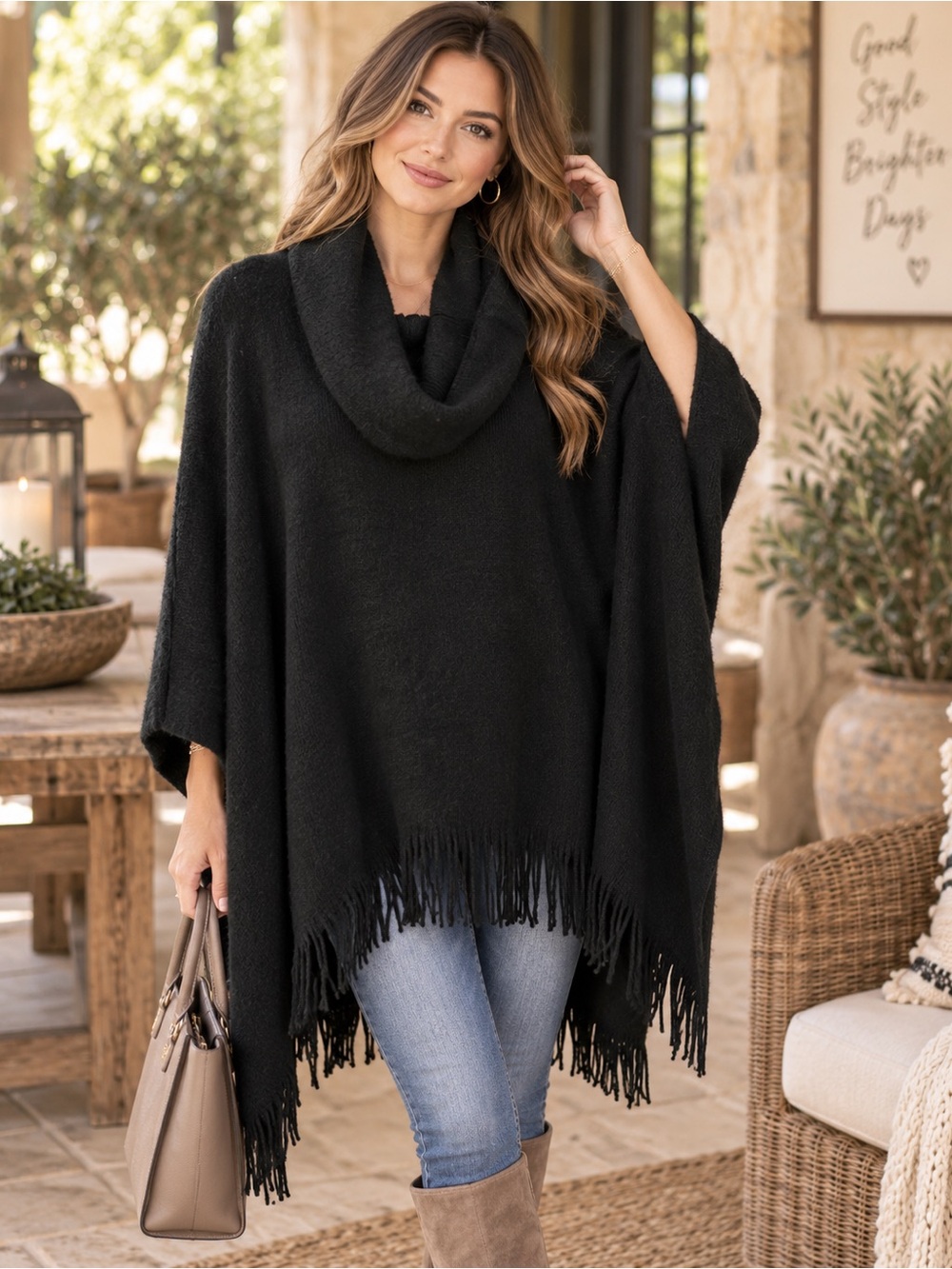 206. Fringe Cowl/Neck Poncho